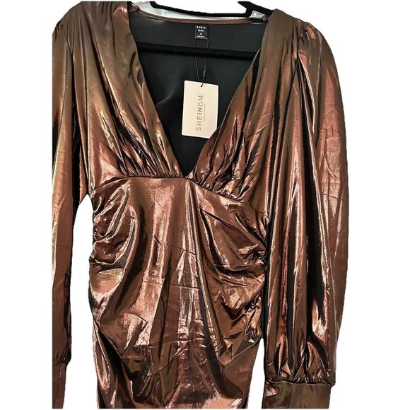 SHEIN BAE Rynkad Enkel Party Dress Size XS Golden Brown Ruched Metallic Dress - Picture 4 of 5
